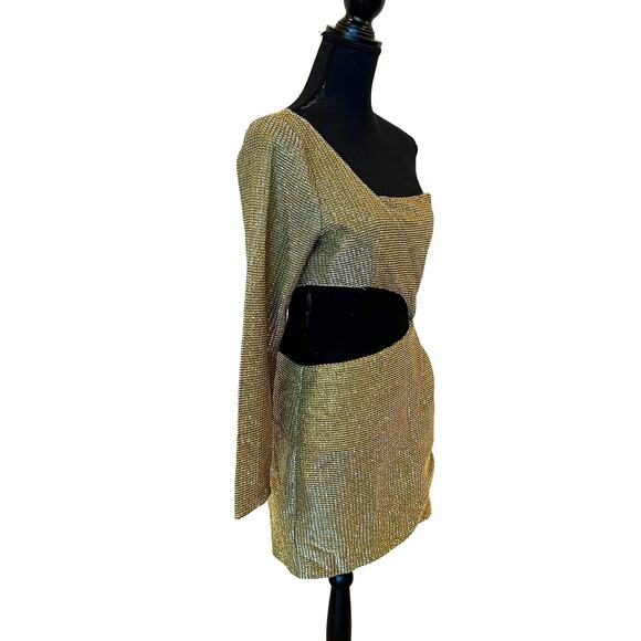 Revolve Superdown Gold One Shoulder Mini Dress LARGE Ruched Cut Out Metallic NEW - Picture 6 of 9